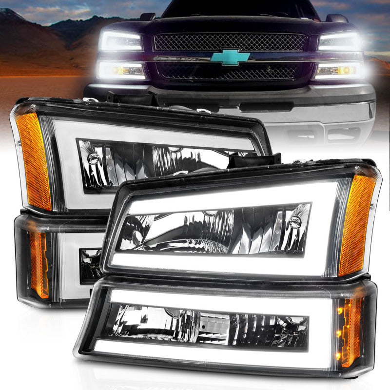 ANZO 2003-2006 Chevrolet Silverado 1500 Crystal Headlights w/ Light Bar  Black Housing