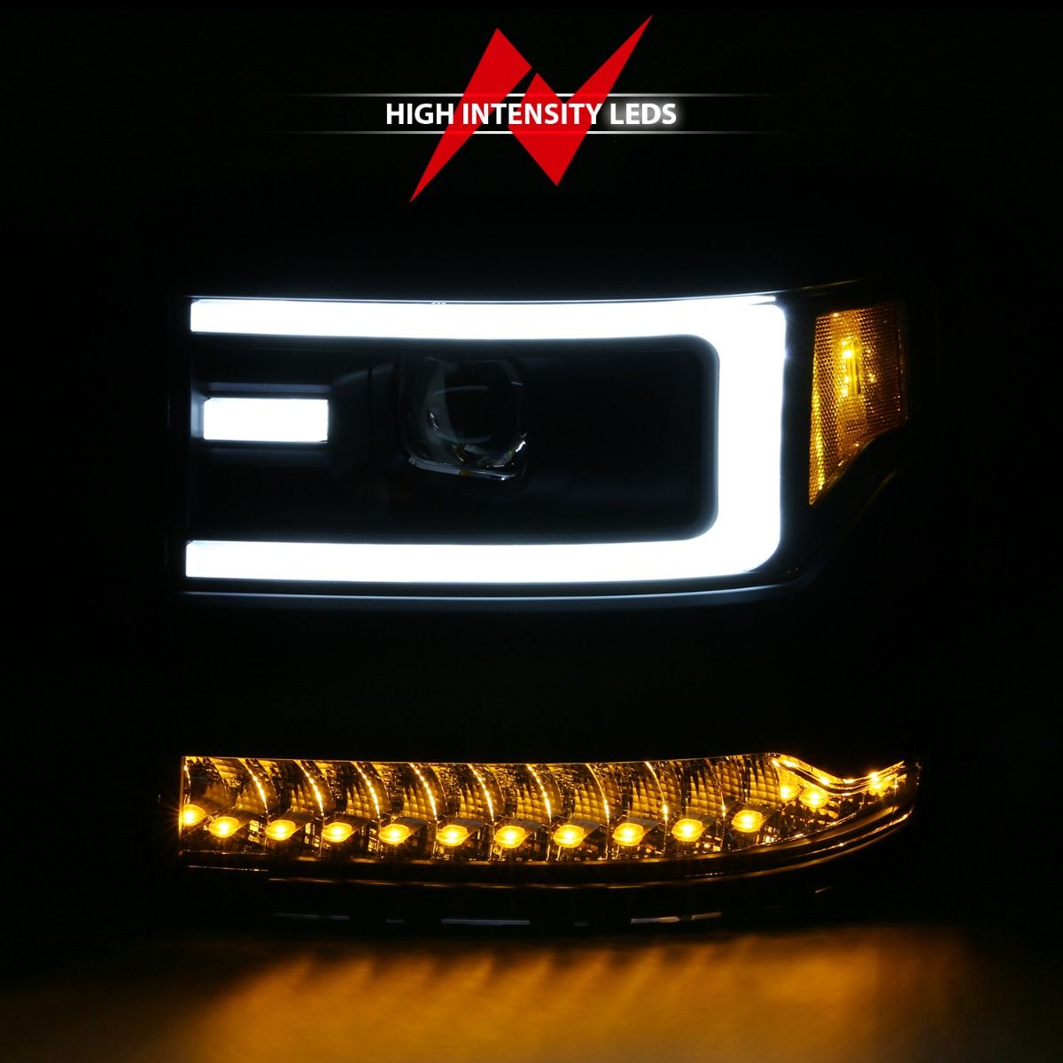 ANZO 16-18 Chevy Silverado 1500 Projector Headlights Plank Style Black w/Amber/Sequential Turn Signal