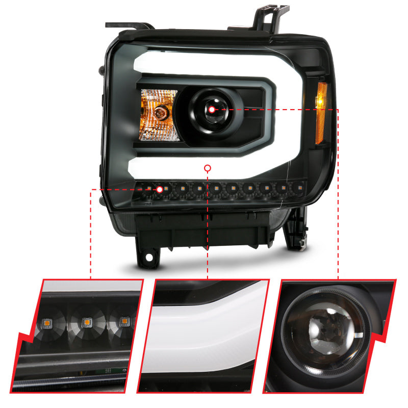 ANZO 2014-2015 Gmc Sierra 1500 Projector Headlight Plank Style Black w/ Switchback (Halogen Type)