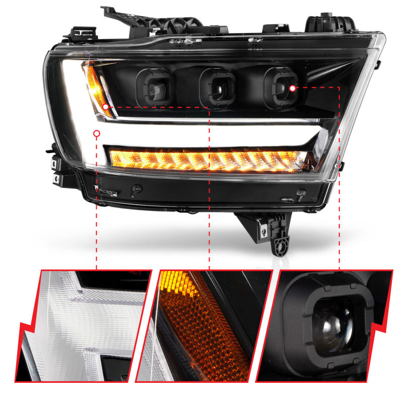 ANZO 2019-2020 Dodge Ram 1500  LED Projector Headlights Plank Style w/ Sequential Black (Passenger)