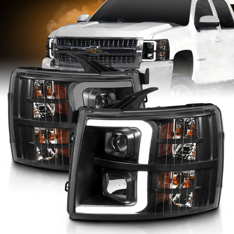 ANZO 07-13 Chevrolet Silverado 1500/2500/3500 Projector Headlights - Black Amber