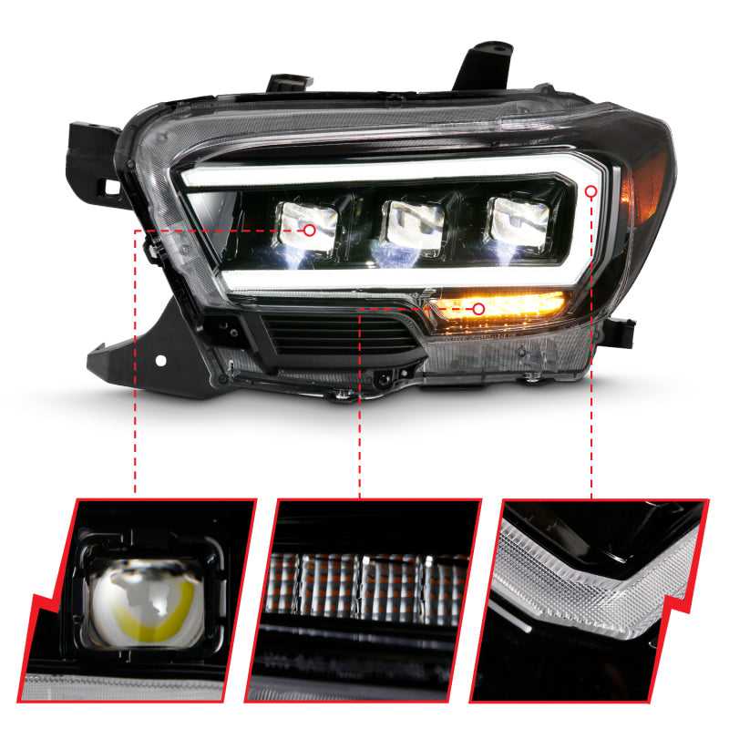 ANZO 2016-2020 Toyota Tacoma LED Projector Headlights Plank Style Black w/ Amber (for halogen DRL)