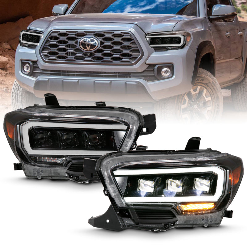 ANZO 2016-2020 Toyota Tacoma LED Projector Headlights Plank Style Black w/ Amber (for halogen DRL)