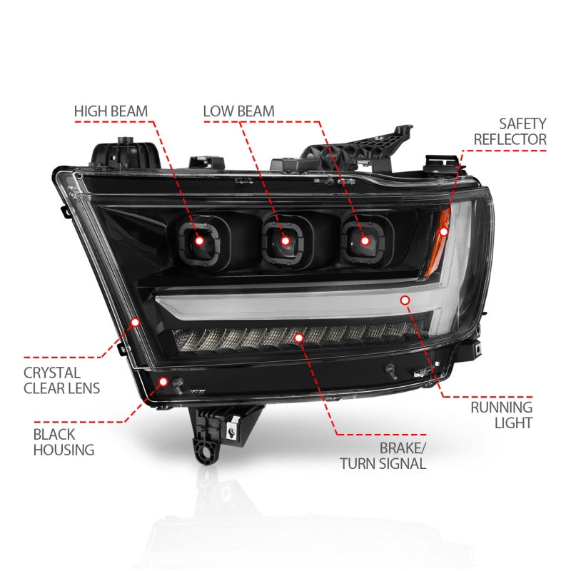 ANZO 2019-2020 Dodge Ram 1500  LED Projector Headlights Plank Style w/ Sequential Black (Driver)