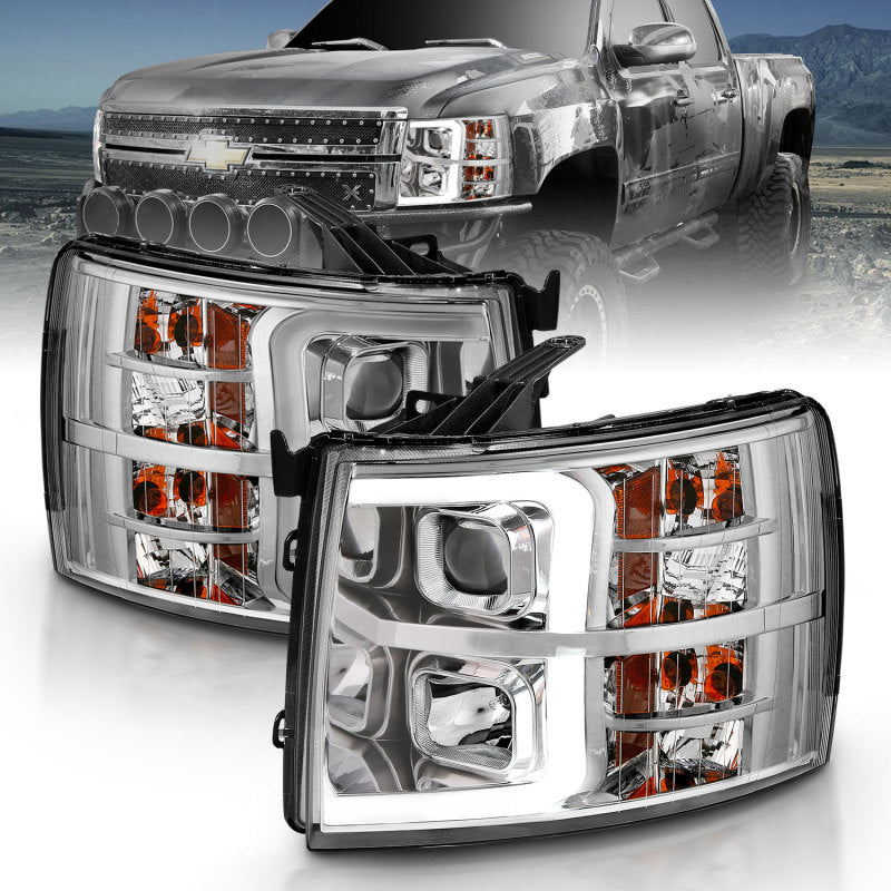 ANZO 2007-2013 Chevy Silverado 1500/2500/3500 Projector Plank Style Chrome Amber