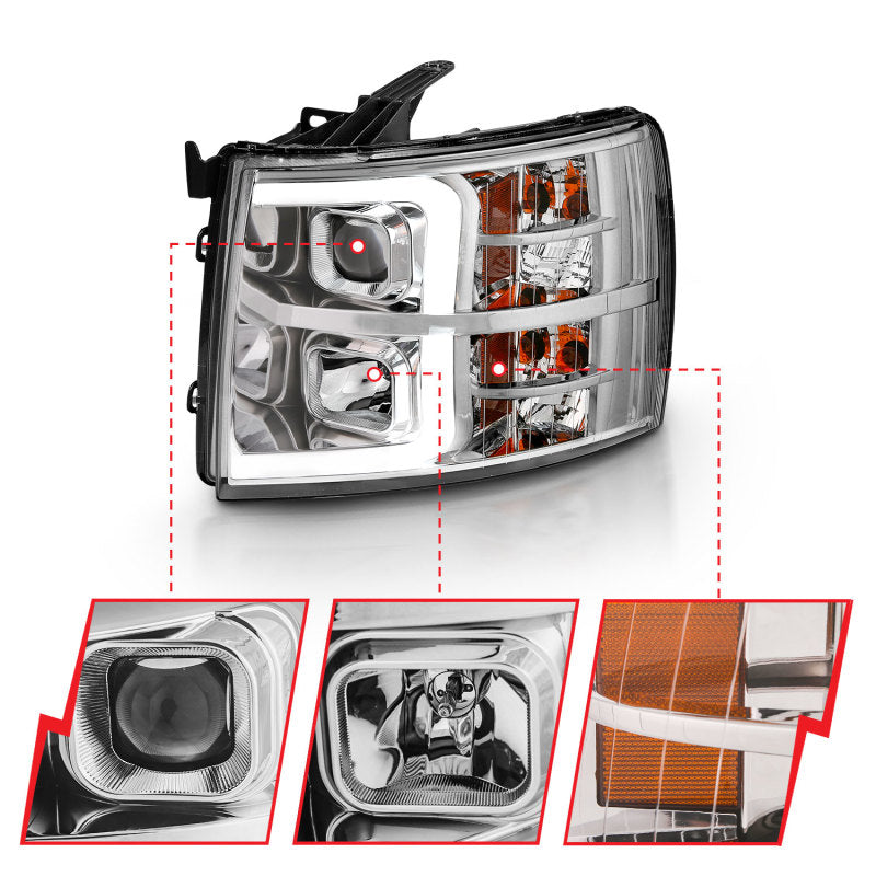 ANZO 2007-2013 Chevy Silverado 1500/2500/3500 Projector Plank Style Chrome Amber