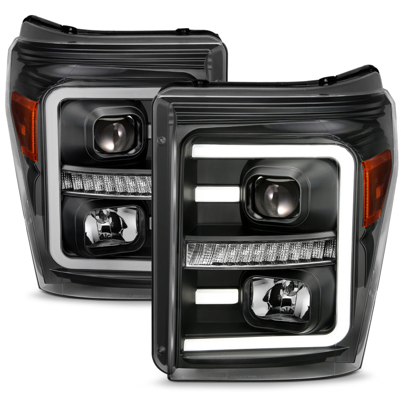 ANZO 2011-2016 Ford F250 Projector Headlights w/ Plank Style Switchback Black w/ Amber